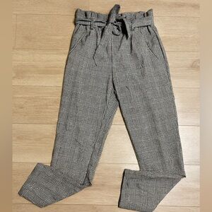Zara Trafaluc Paper Bag Bow Gray Plaid Pants Size XS
